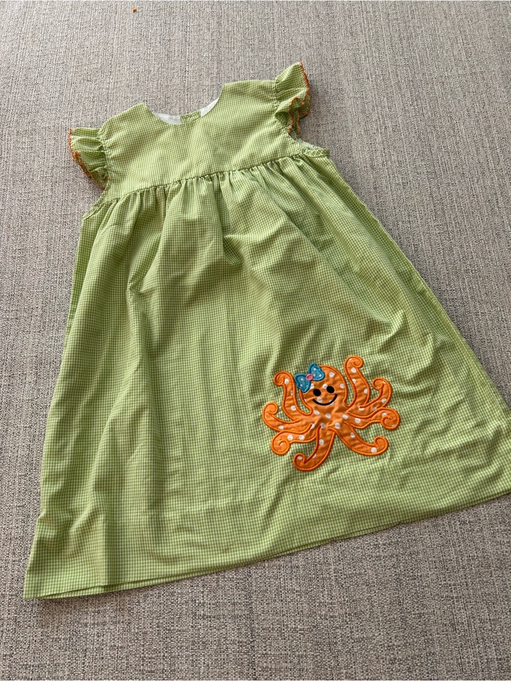 Be Mine Green Gingham Dress with Orange Octopus Applique. Size 4T